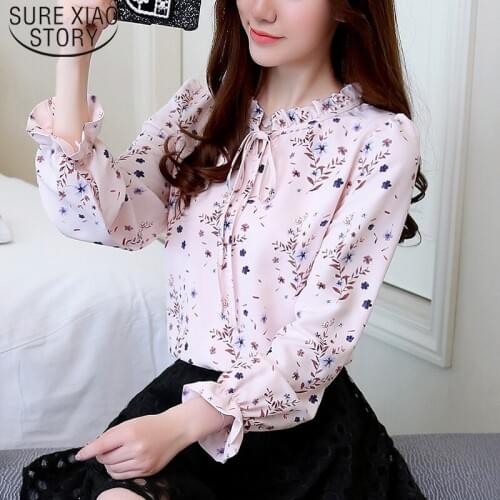 Autumn Chiffon New Ladies Tops Bow Tie Loose Long Sleeve Women Blouses Slim Print Ruffles Women Tops Shirts Plus Size 6623 50