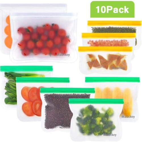 10Pcs Food Bags Reusable silicone food bags, self-sealing bags, leak-proof, used for freezing and storage