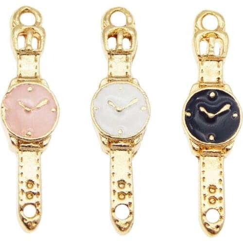 Julie Wang 15PCS Enamel Watch Charms Mixed Black Pink Wihite Watch Pendants Alloy Bracelet Jewelry Making Accessory