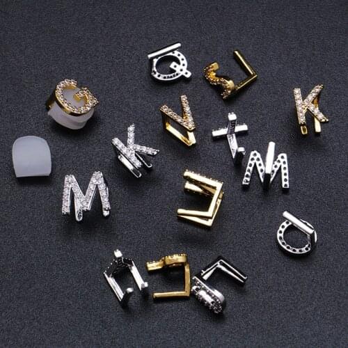 A-Z 26 Letters Teeth Grillz Iced Out Pave CZ Zircon Stone Single Name Teeth Grills Rhinestone Tooth Cap Hip Hop Rapper Jewelry
