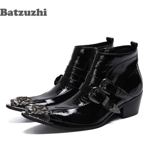 Batzuzhi Handmade Men Shoes 6.5cm High Heel Black Leather Boots Men Ankle Zip Business Dress Boots Party botas hombre!Size 38-46