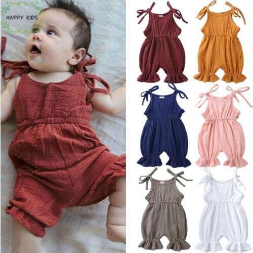 DKZ255 Kids Overalls Summer Baby Overalls Solid cotton and linen girls Pants Ruffles Overalls for Children Girls Clothing