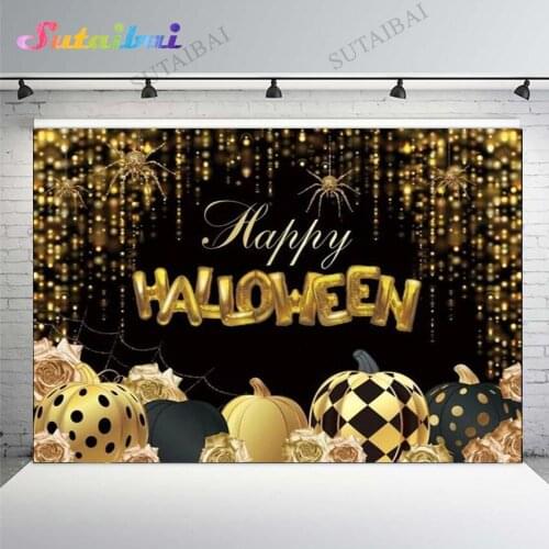 Halloween Holiday Party Background Photography Glitter Bokeh Golden Spider Pumpkins Roses Trick or Treat Backdrop Studio Photos