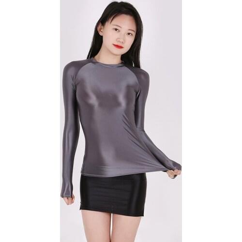 Glossy Sexy Transparent Tight T-Shirt 2021 Spring Summer Fashion Super Thin Breathable Slim Sports Tees Elastic Solid Color Tops