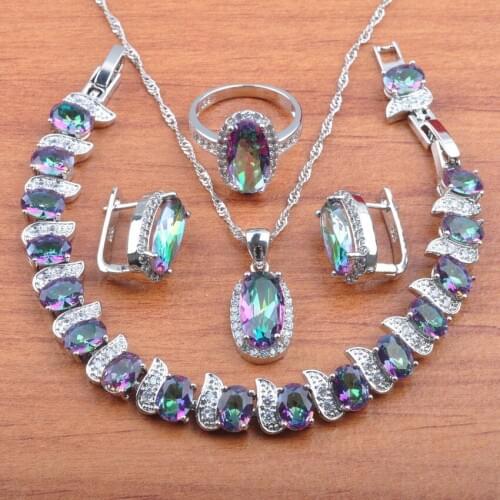 Rainbow Zirconia Jewelry Sets For Women Wedding Crystal Earrings Pendant Necklace Rings Bracelet Set JS0575