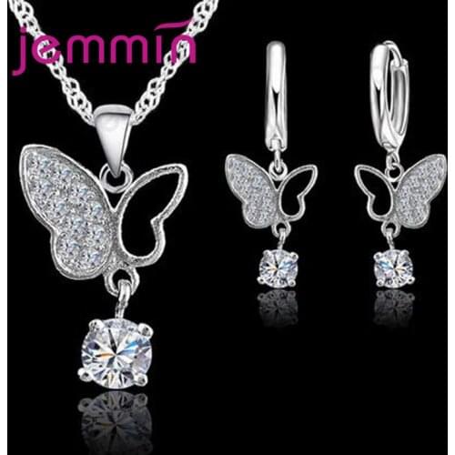 AAAA Zircon Crystal Buterfly Pendants Necklace Earrings Set For Women 925 Sterling Silver Bridal Wedding Engagemnet Jewelry Sets