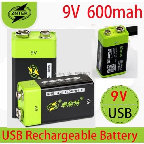2pcs ZNTER 9V 600mAh lithium li-po li-ion 9V usb rechargeable battery + 1micro usb cable for charging