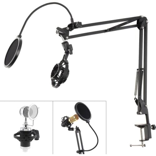 Multifunction Shockproof Microphone Holder Bracket with Double Layer Mic Pop Filter/Table Clip for Broadcast Studio Speaking