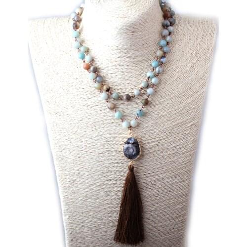 MOODPC Fashion Amazonite Stones Rosary Chain Druzy Link Long Tassel Necklace Handmade Women Natural Stone Necklace