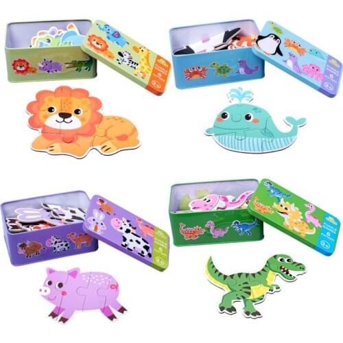 Animal Jigsaw Puzzle Toys Games Iron Box Cartoon Dinosaur Traffic Wooden Puzzle for Kids Montessori Early Educational Toy Gift