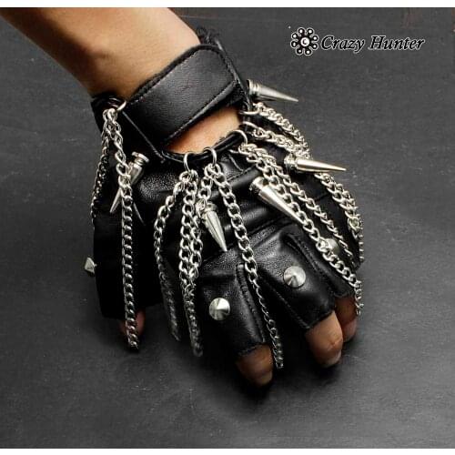 Mens/Ladies Spike Tassels Punk Rock Real Leather Fingerless Gloves