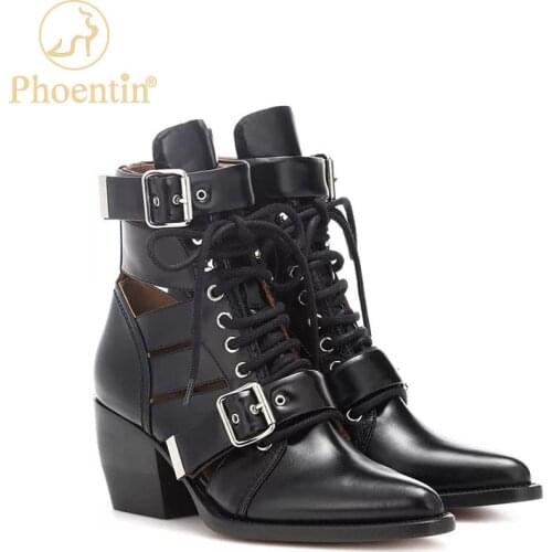 Phoentin genuine leather summer boots gothic lace up shoes female with buckle wedges heels pointed toe gladiator sandals FT1112