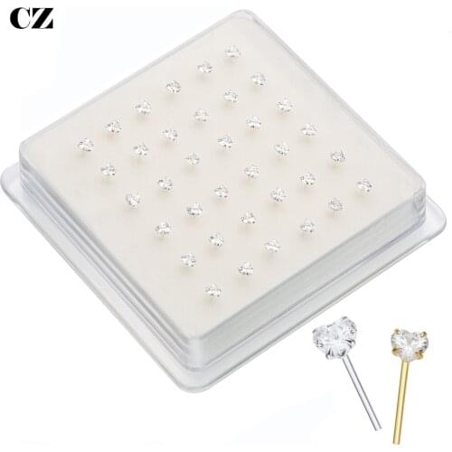 36Pcs/Lot 925 Sterling Silver Clear Heart Zircon Nose Studs Nose Pin Body Piercing Jewelry Piercing Nariz Argolla Plata Ley