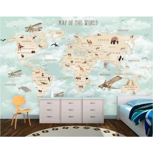 Custom Children Room Wall 3d Wallpaper Cartoon Airplane Sailing Animals World Map Background Wall 3d wallpaper tapety