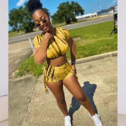 Casual Streetwear Print Short Two Piece Set Outfits Sexy T Shirt Crop Top + Drawstring Stacked Biker Shorts 2 Piece Outfits Suit