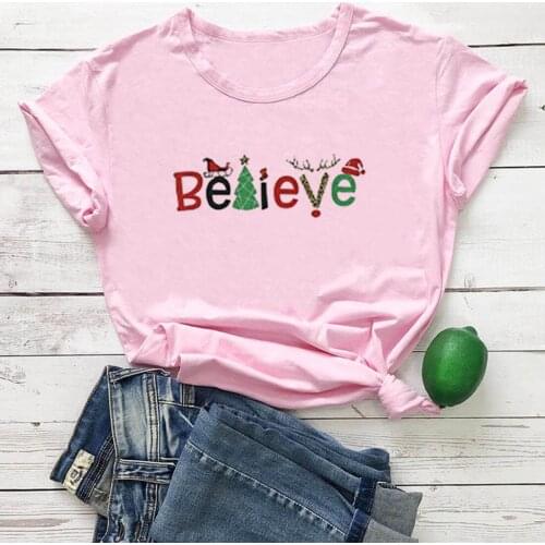Christmas Believe Cute Print T Shirt Femme Black and White Pink Camiseta Mujer Harajuku Top Streetwear Tshirts for Women