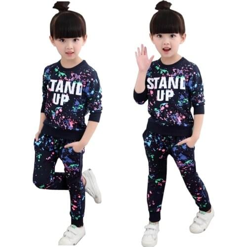 Girls Tracksuits 100% Cotton Spring Sportswear Outfits Girls Sports Suits Graffiti Letter Clothing Sets For 4 5 6 8 9 10 12 Year