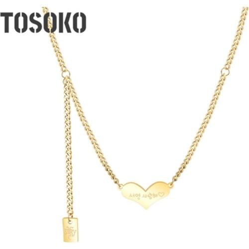 TOSOKO Stainless Steel Jewelry Tassel Square Peach Heart Love Pendant Necklace Sweet Clavicle Chain For Female BSP809
