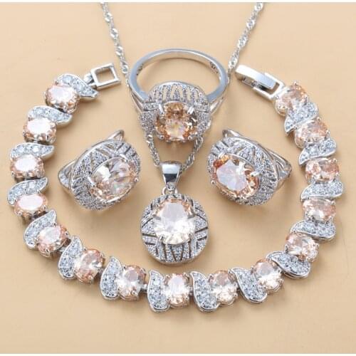 Elegant Fashion Party Vintage Accessories Silver Color Champagne CZ Jewelry Sets Dangle Earrings Bracelet And Ring Women