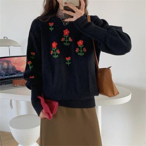 Alien Kitty Lazy Style Outwear Knitwear Sweaters Florals Sweet Embroidery Pullovers 2021 O-Neck Women New Jumpers Chic Autumn