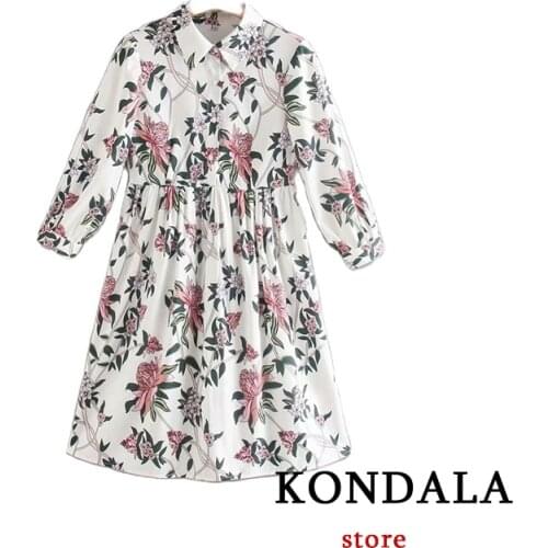 KONDALA 2021 Women Sweet Dress Za Fashion Poplin Floral Print Female Elegant Dress Spring Vintage Mujer Vestidos