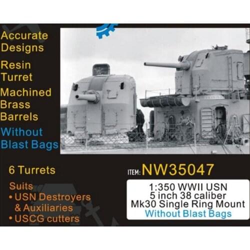 1/350 WWII USN 5" 38 Caliber Mk30 Single Ring Mt wo/BlastBag (Resin + metal etched sheet + metal barrel*6)