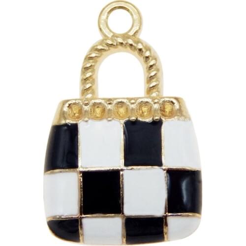 10pcs Gold Tone Alloy Enamel Grid Bag Charms White Black Women Handbag Pendant for Female Bracelet DIY Accessory 21*13mm