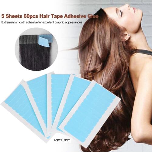 5 Sheets 60pcs Hair Extension Glue Strips 4*0.8cm Wig Sticker Self Adhesive Double Sides Waterproof Wig Glue Long Lasting Tools
