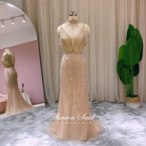 Arabic Champagne Mermaid Evening Dress Long 2021 Luxury Dubai Backless Prom Dresses for Women Wedding Formal Party Gowns