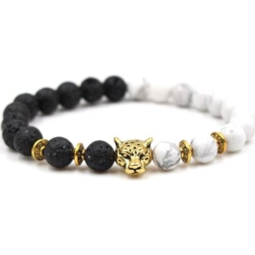 8mm jr4 gold silver ball white Howlite nature black stone volcanic lava leopard head Bracelet Reiki Chakra Fashion