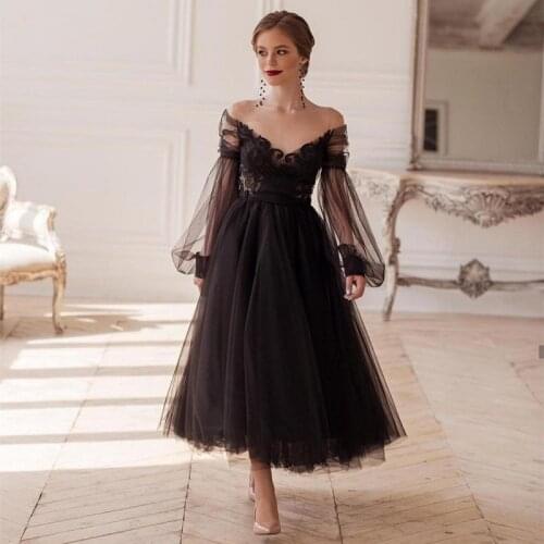 Black Princess Evening Dress 2021 A-Line Sexy Illusion Long Sleeve V-Neck Lace Appliques Backless Ankle-Length Party Prom Gown