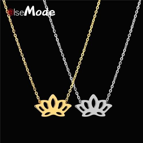 ELSEMODE Classic Gold Color Lotus Flower Pendant Necklace Stainless Steel Flowers Bracelets Jewelry For Women Girl Wedding Gift