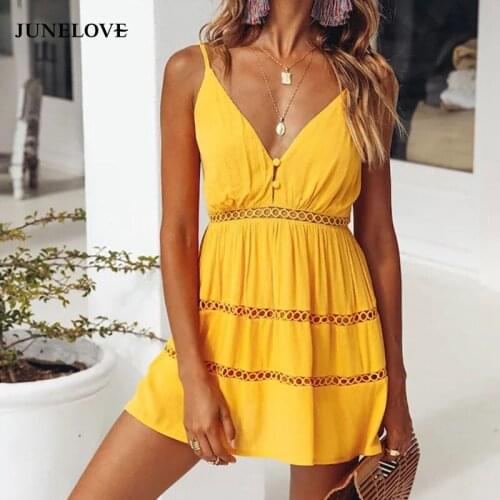 JuneLove Sexy Boho V Neck Button Hollow Out Lace Mini Dress Sweet Women Summer Straps Dresses Female Casual Beach Dress Vestidos