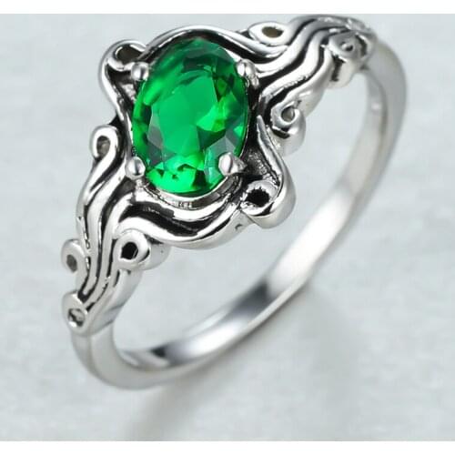 Antique Silver Color Ring Green Zircon Oval Stone Rings For Women Men Vintage Fashion Crystal Ring Male Female Hip Hop Jewelry