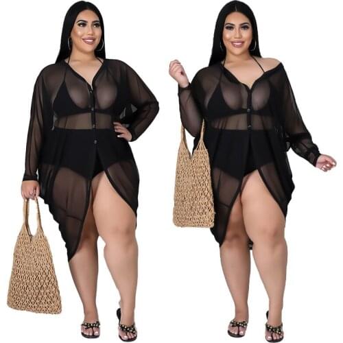 INS Hottest Women Plus Size Sexy Clubwear Shirt Dresses Single-breasted Full Sleeve See-through Ladys Charming Summer Dress