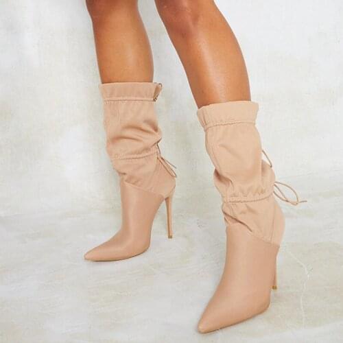 MKKHOU Fashion Short Boots Women New Simple Lycra Pointed Cross Strap Stiletto 12cm High Heel Boots Lady All-match Model Boots