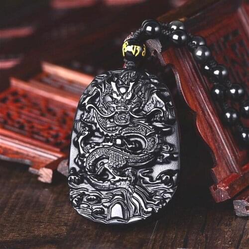 Natural Black Obsidian Dragon Pendant Beads Necklace Fashion Charm Jewellery Hand-Carved Lucky Amulet Gifts for Her Women Men
