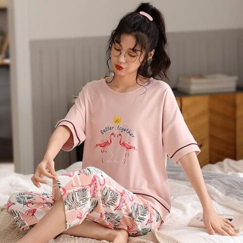 2021Summer New Womens Pajamas Cotton Short Sleeve Cropped Pants Homewear Pajamas for Women Pijamas Women Sleepwear Sleep Tops