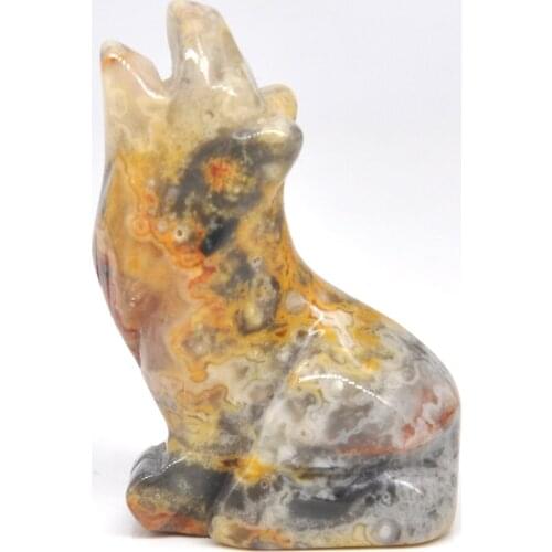 2" Wolf Statue Natural Stone Crazy Agate Carved Home Decoration Healing Crystal Reiki Figurine Spiritual Gemstone Omament Gift