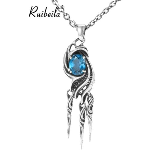 Ruibeila temperament topaz pendant necklace men and women 100% 925 silver Tang grass pattern ethnic style necklace gem pendant