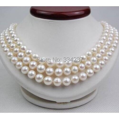 NEW 3row Triple 8-9MM AAA White Pearl Necklaces 100% Tibetan silver Clasp