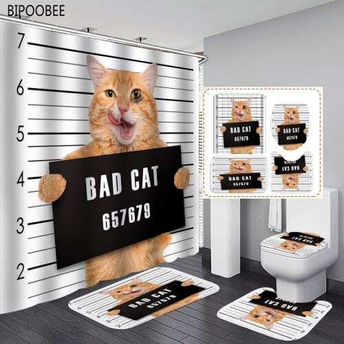 Bad Cat Pattern Shower Curtains Bathroom Curtain Cute Funny 3D Bath Mats Rugs Flannel Carpet Toilet Cover Anti-slip Rug