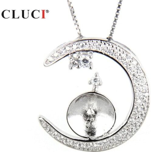 CLUCI 925 Sterling Silver Moon Pendant Zircon Charms Jewelry Silver 925 Women Pearl Pendant Mounting SP089SB