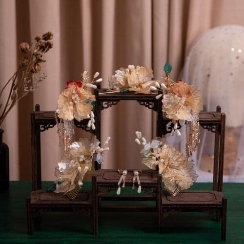 Chinese Ancient Tiara Costume Champagne Liquid Flower Brides Dragon and Phoenix Wedding Hair Jewelry