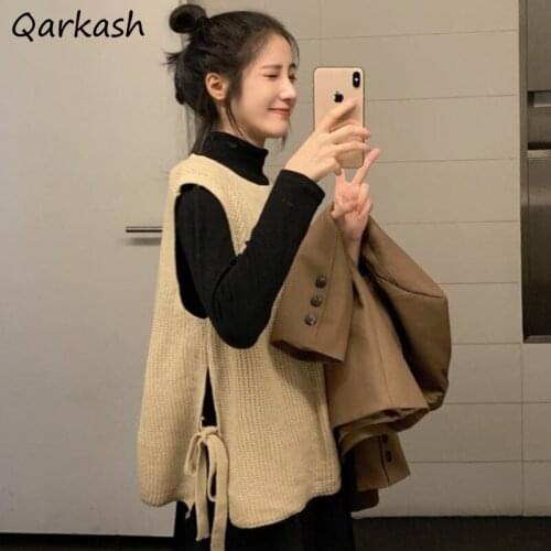 Sweater Vests Women Lace-up Design Knitted Autumn Side-slit Basic Female Solid Harajuku All-match Street Style Retro Preppy Chic