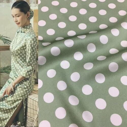 White polka dot printing bean green bottom stretch twill digital printing mulberry silk fabric cloth for sewing dress per meter