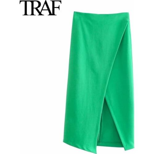 Traf Za Women Clothes Korean Fashion Back Zipper Skirts Green Asymmetric High Waist MIDI Skirt Chic Office Lady Pencil Skirt