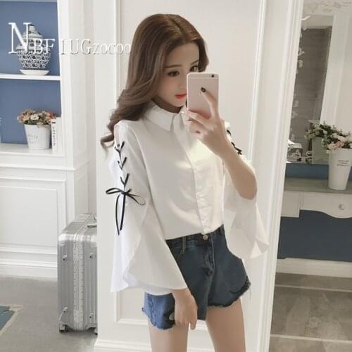 2021 Spring New Korean Loose Women Blouse Flare Sleeve Expose Shoulder Female Blouses