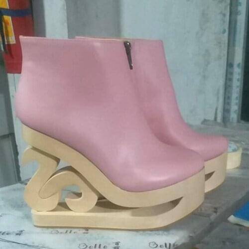 Artistic Wooden Fretwork Wedges Heel Ankle Boots Cow Leather Floral Carved Heels Platform Female Gladiator Customized Boots