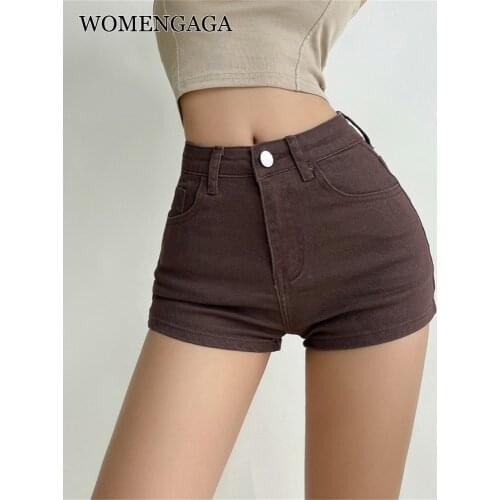 WOMENGAGA High Waist Slim Straight Slim Leg Long Denim Shorts Womens Summer Hip Skinny Sexy Korean Women Mini brown Shorts M8CJ